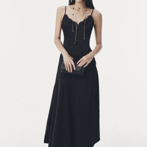 Đầm dài lụa hai dây phối viền ren