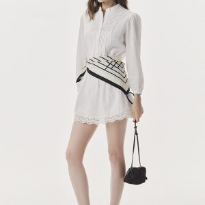 Đầm ngắn dài tay xếp ly ngực phối chân ren