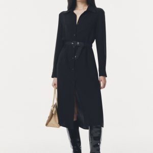 Đầm sơ mi dáng dài mặt cát kèm đai lưng